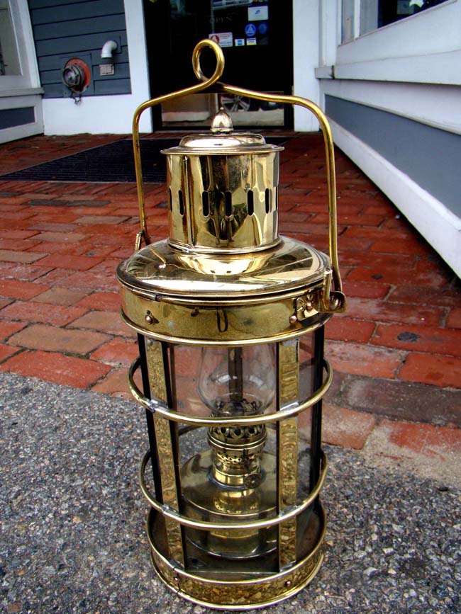 An English brass ship's cabin hanging oil lantern circa 1900